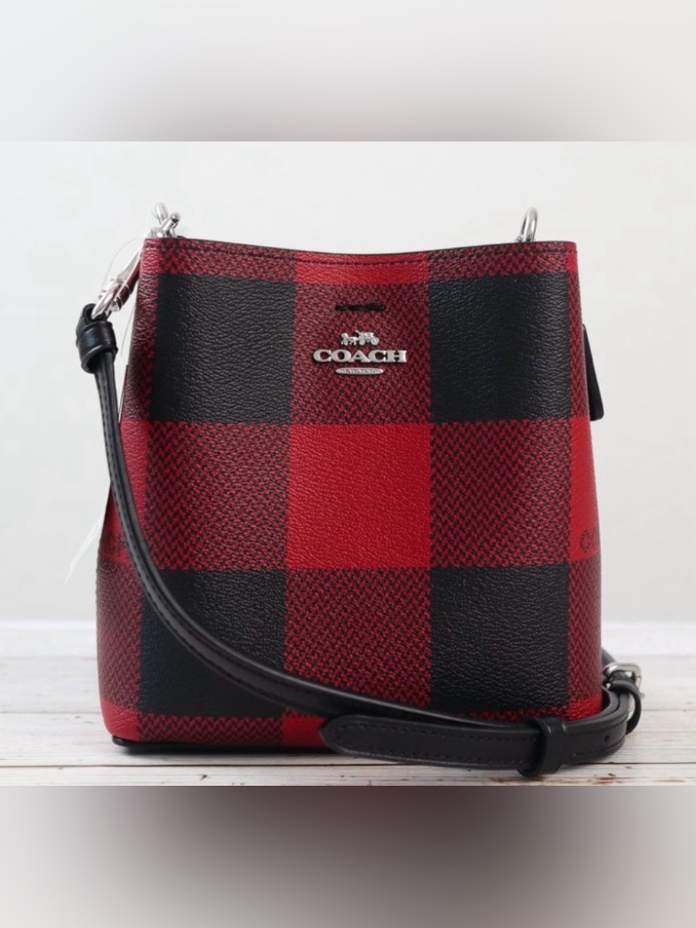 Coach NWOT Mini Town Red & Black Buffalo Plaid Bucket Crossbody